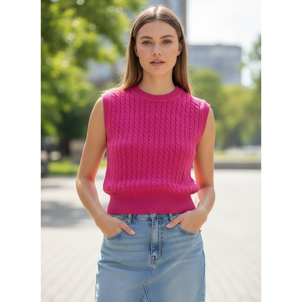 Free Assembly Womens Hot Pink Cable Knit Shell Sweater Vest Sleeveless Small NEW